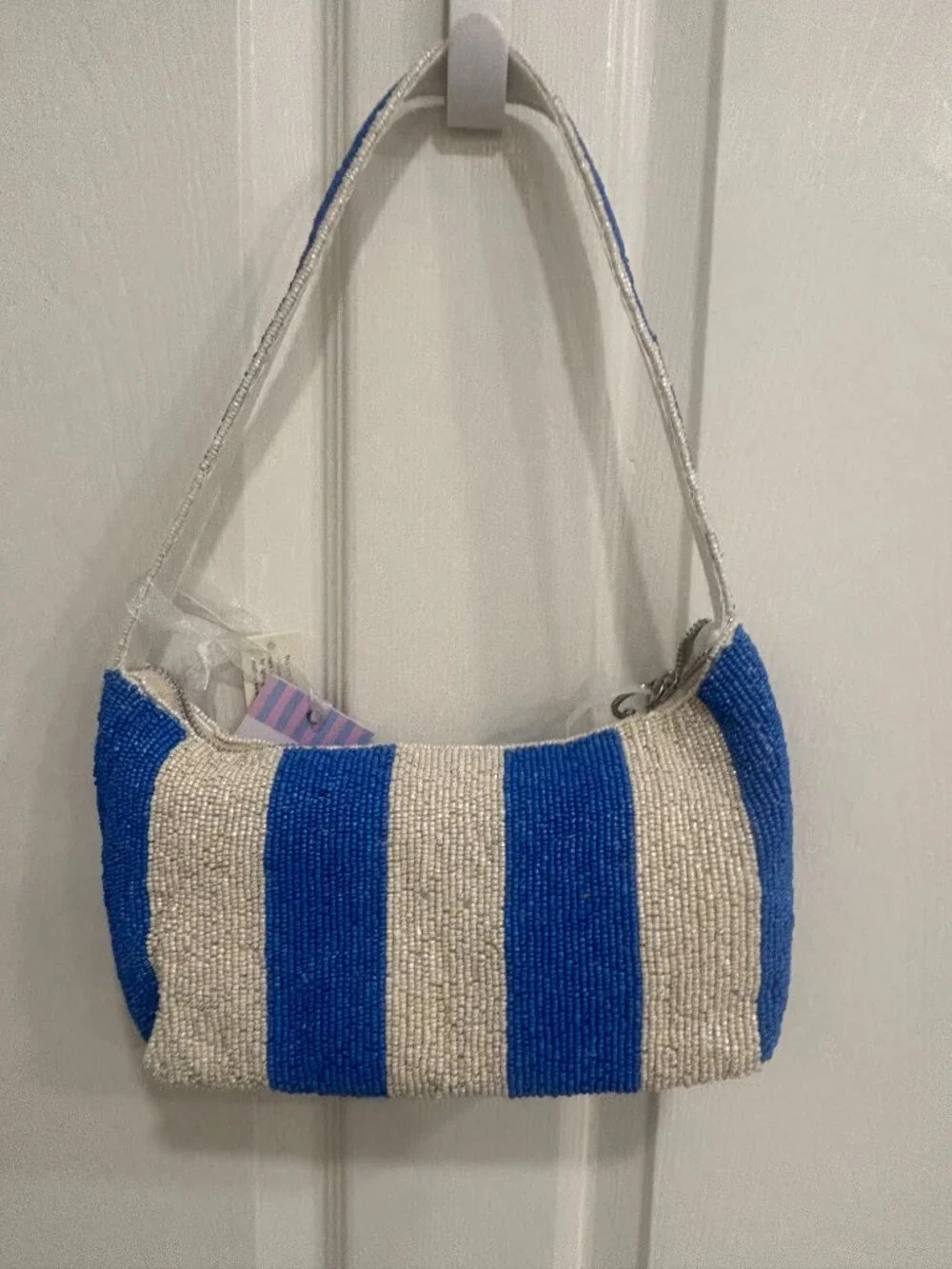 Beaded Bag Cocktails Drinks Blue White Striped Handcrafted in India w Charm